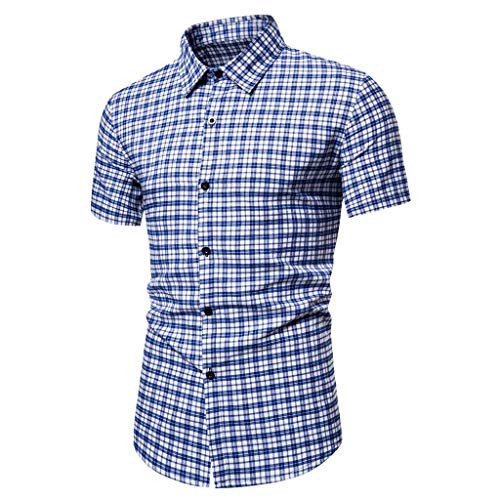 VEKDONE Mens Slim Fit Dress Shirt Basic Short Sleeve Checked Button Down Shirt Casual Plaid Poplin Business Shirts-Blue 1,3X-Large-