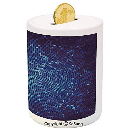 SoSung Blue Ceramic Piggy Bank,Digital Geometric Mosaic Perspective Depth Pixel Artwork Graphic Design 3D Printed Ceramic Coin Bank Money Box for Kids  and  Adults,Light Blue Navy Blue