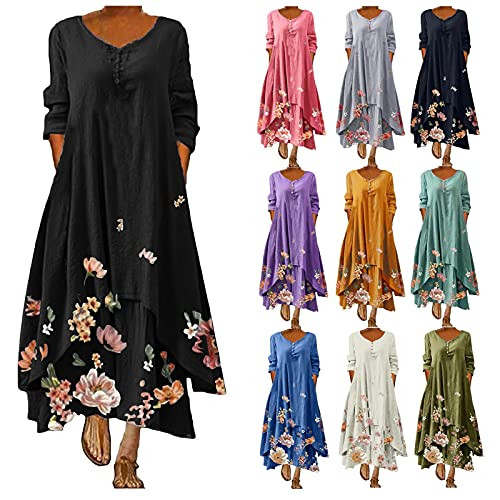LINKIOM Women Casual Floral Print Dress O-Neck Long Sleeve Irregular Loose Long Dress LINKIOM Women Casual Floral Print Dress O-Neck Long Sleeve Irregular Loose Long Dress