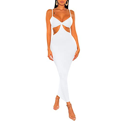 Women 's Sexy Bodycon Tank Dress Sleeveless Cut Out Spaghetti Strap Long Dresses Halter Backless Maxi Dress Club Party Dress -White, Small- Women 's Sexy Bodycon Tank Dress Sleeveless Cut Out Spaghetti Strap Long Dresses Halter Backless Maxi Dress Club Party Dress -White, Small-