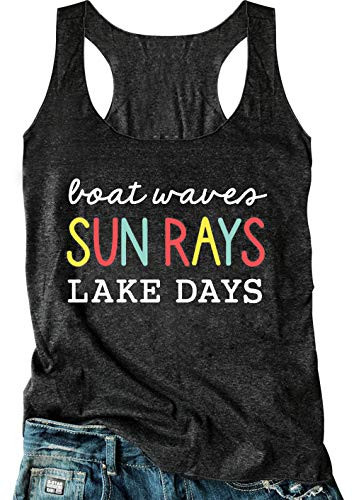 Boat Waves Sun Rays Lake Days Racerback Tank Tops Women Funny Lake Shirt Teen Girls Summer Vacation Tank Top -XXL, Dark Grey-
