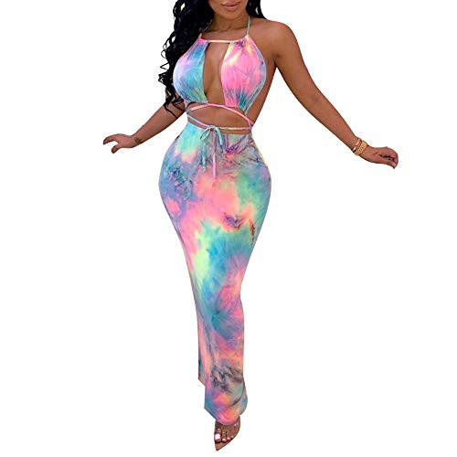 Women's Sexy Two-Piece Maxi Dress Halter Floral Printed V Neck Sleeveless Summer Beach Party Clubwear Multicolor L Women's Sexy Two-Piece Maxi Dress Halter Floral Printed V Neck Sleeveless Summer Beach Party Clubwear Multicolor L