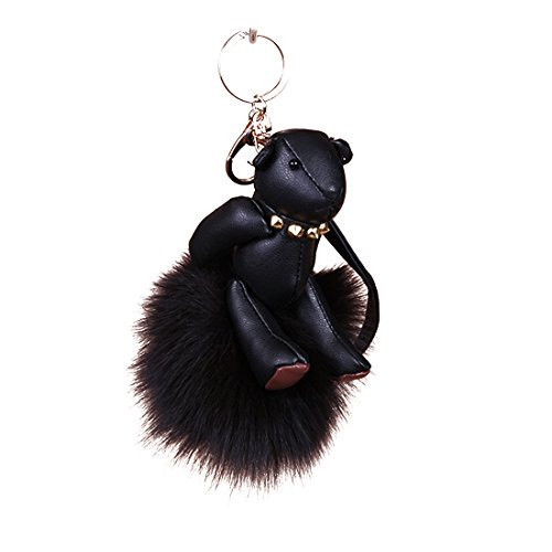 URSFUR Fox Fur Pompom Keychain Charm Bag Leather Bear Key Ring Black