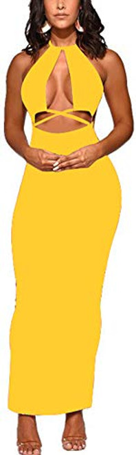 Women's Sexy Two-Piece Maxi Dress Halter Bikini V Neck Sleeveless Summer Beach Party Clubwear Yellow M Women's Sexy Two-Piece Maxi Dress Halter Bikini V Neck Sleeveless Summer Beach Party Clubwear Yellow M