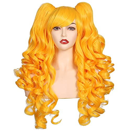 ColorGround Long Curly Cosplay Wig with 2 Ponytails -Yellow-