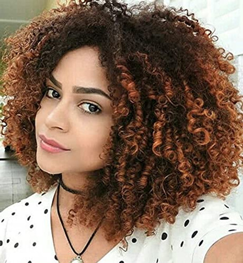 KEAT Short Afro Curly Wigs for Black Women, Ombre Brown Kinky Curly Fluffy Hair Wig with Bangs, Cute Fashion Natural Looking Heat Resistant Full Synthetic Wig for Daily Party K012BR