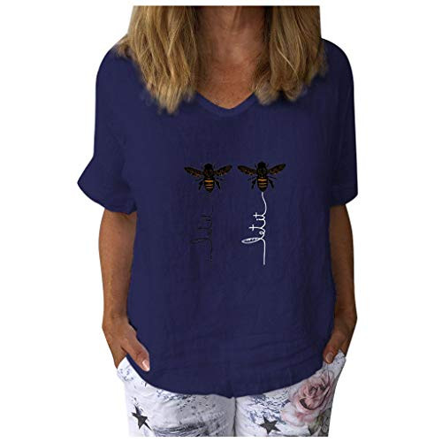 Dosoop Women Littie Bee Print Linen Shirts Summer V Neck Short Sleeve Tops Graphic T-Shirt Casual Loose Blouse Tunic Tee
