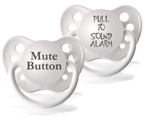 Personalized Pacifiers Pull to Sound Alarm Pacifier  and  Mute Button Pacifier, 2 Pack - White
