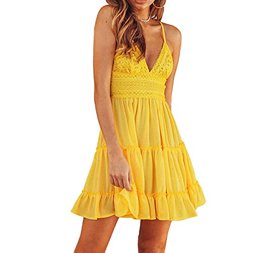 Womens V-Neck Spaghetti Strap Bowknot Backless Sleeveless Lace Mini Swing Skater Dress -Yellow, Large, l- Womens V-Neck Spaghetti Strap Bowknot Backless Sleeveless Lace Mini Swing Skater Dress -Yellow, Large, l-