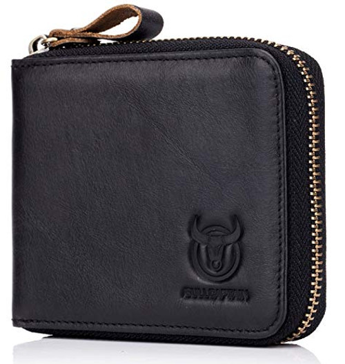BULLCAPTAIN Men Genuine Leather Zipper Wallet RFID Blocking Bifold Wallets ID Window Credit Card Case -Black-