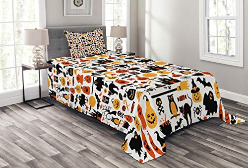 Lunarable Halloween Bedspread, Halloween Group Candies Owls Castles Ghosts October 31 Theme, Decorative Quilted 2 Piece Coverlet Set with Pillow Sham, Twin Size, Orange Yellow