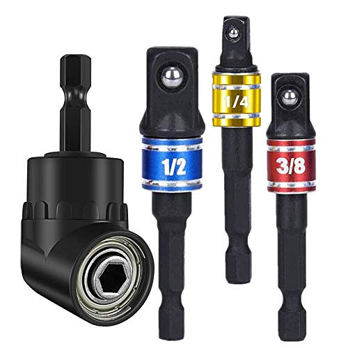 Right Angle Drill Attachment,Angle Drill Adapter,3Pcs 1/4" 3/8" 1/2" Cr-V Hex Shank Impact Grade Socket Adapter/Extension Set  plus 105 Degree Right Angle Drill,Socket Drivers for Drill