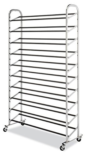 Whitmor 10 Tier Shoe Tower - 50 Pair - Rolling Shoe Rack with Locking Wheels - Chrome (Renewed)