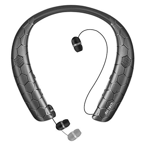 Bluetooth Headphones Speaker 2 in 1, Doltech Neckband Wireless Headset Wearable Speaker with Retractable Earbuds, True 3D Stereo Sound Waterproof Headphones Call Vibrate Alert Built-in Mic (Black)