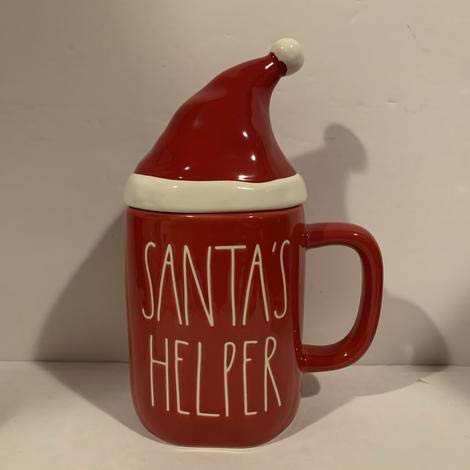 Rae Dunn SANTA'S HELPER Coffee Mug - allside red with hat lid - ceramic
