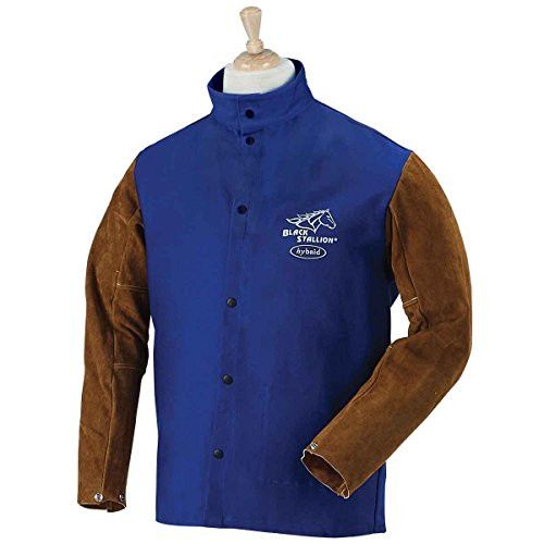 BLACK STALLION Hybrid 9 oz. FR and Cowhide Welding Coat - 30" Royal Blue/Brown - XL