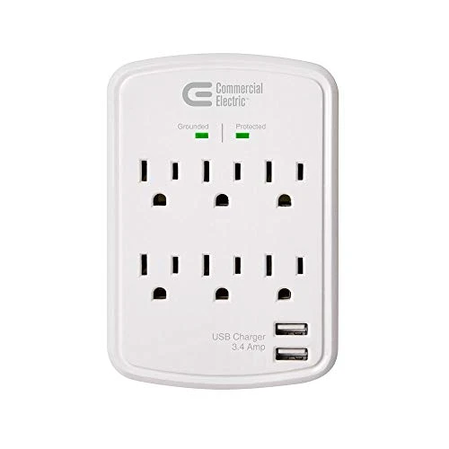 6-Outlet USB Wall Tap Surge Protector, White