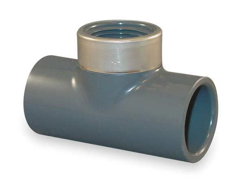 PVC, Stainless Steel Tee, Socket x Socket x FNPT, 1 1/2 in x 1 in Pipe Size