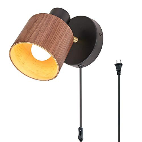 TeHenoo Plug in Wall Lamp Wooden Wall Sconce, Black Wall Light with Cord Rotatable Wall Light Fixture for Bedroom Living Room Bedside Lamp