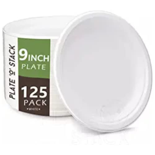 100% Compostable Disposable Paper Plates [125-Pack] - {PFAS-Free} - {BPI Certified} - [9 Inch] Heavy Duty, Eco-Friendly, Biodegradable Bagasse Dinner & Lunch Plates -Thick White 9" Plate Plate'O'Stack