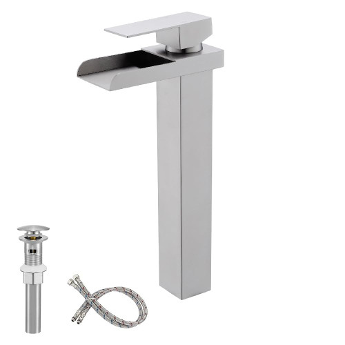 Bathroom Sink Faucet, Brushed Nickel Bathroom Faucet, Tall Vessel Sink Faucet, Single Handle One Hole Water Fall Faucet Lavatory Vanity Sink Faucet with Pop-up Drain,BF010L