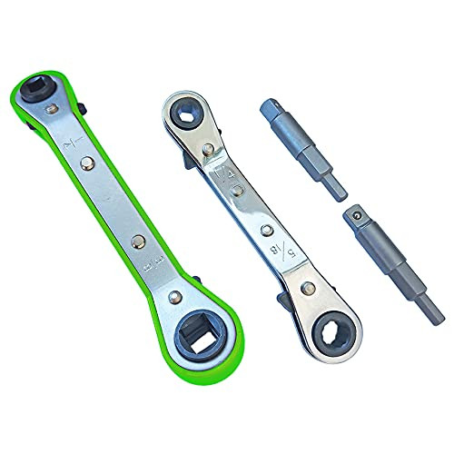 Grant's Garage Refrigeration Tool Set 4 pack: 1 Green Service Wrench (1/4, 3/8, 3/16 & 5/16) + 1 Ratchet Box End Wrench (5/16 x 1/4) + 2 Air Conditioning Valve Hex Tools