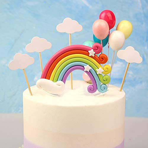 Rainbow Cake Toppers Set, 12 Pcs Colorful Rainbow Cake Topper Kits - Incluede 1 Rainbow, 5 Cloud and 6 Balloon