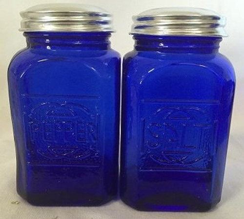 Cobalt Blue Glass Salt & Pepper Shaker Set - Embossed