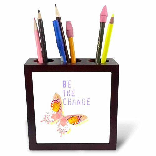 3dRose ph_31422_1 Be The Change Butterfly Inspirational Quotes-Tile Pen Holder, 5-Inch