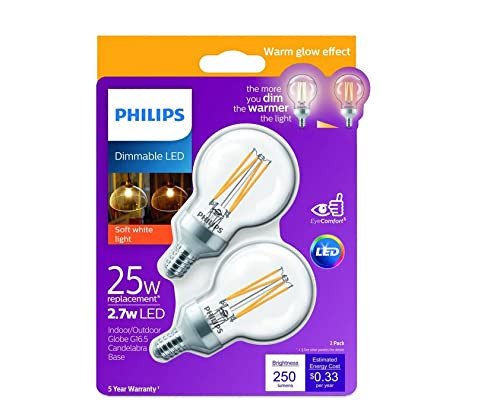 Philips 25W G16.5 Dimmable LED Light Bulb with Warm Glow Dimming Effect Soft White (2-Pack)