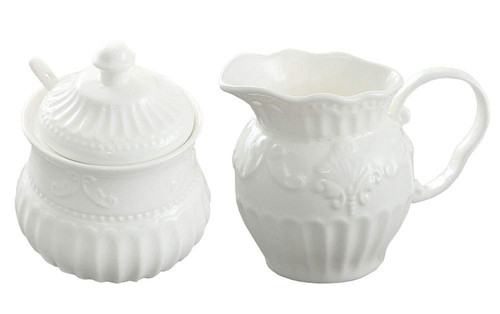 FUYU Relief White Ceramic Creamer and Sugar Bowl Set Coffee Serving Set Cream Pitcher