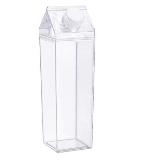 Milk Carton Water Bottle 17oz (500mL) Plastic Clear Square Milk Bottles No BPA Leakproof Water Bottle Portable Reusable Milk Carton Shaped Juice Bottle Perfect for Fitness Gym Camping Sports