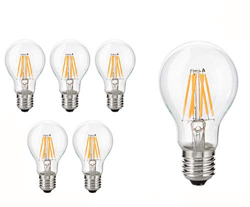 Dimmable LED Edison Bulb 8W 2700K Warm White, LED Filament Bulb, 750LM 80W Incandescent Equivalent Vintage A60 / A19, E26 Medium Base Clear Glass (Pack of 6, 8 Watt)