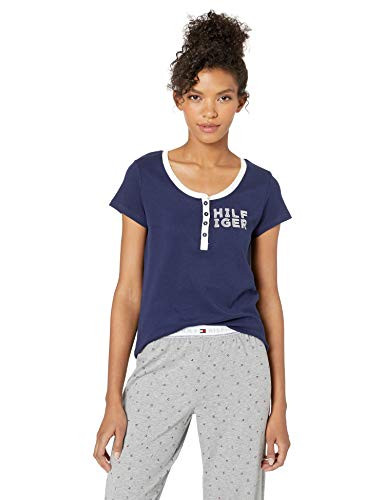 Tommy Hilfiger Women's Short Sleeve T-Shirt Pajama Top Pj, Peacoat Blue Henley with Button XL