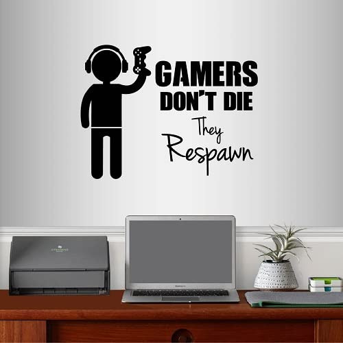 Wall Vinyl Decal Home Decor Art Sticker Gamers Don't Die They Respawn Phrase Quote Lettering Boy Guy With a Contoller Video Game Gamer Nursery Kids Play Room Removable Stylish Mural Unique Design 2539
