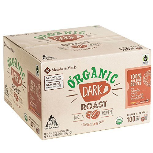 Member's Mark Organic Dark Roast Coffee (100 X 0.37 OZ)Net wt (37.03 OZ), Dark Chocolate & Roasted Notes, 37.03 oz