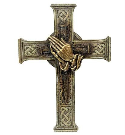 BestGiftEver Wall Cross with Praying Hands and Nails in Bronze Vintage Tone - Decorative Wall Hanging Spiritual Jesus Art Sculpture