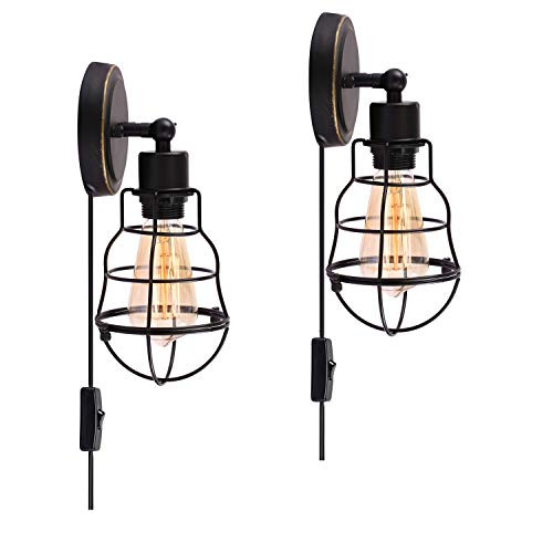 Wire Cage Industrial Wall Sconce Plug-in Wall Light Vintage Style Edison E26 Base for Headboard Bedroom Nightstand, Porch or Bathroom Vanity (Set of 2) Wire Cage Industrial Wall Sconce Plug-in Wall Light Vintage Style Edison E26 Base for Headboard Bedroom Nightstand, Porch or Bathroom Vanity (Set of 2)