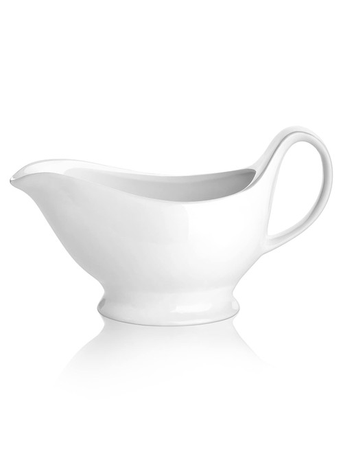 Nucookery Large 17 Oz Gravy Boat With Ergonomic Handle | White Fine Porcelain Saucier With Big Dripless Lip Spout For Gravy, Warming Sauces, Salad Dressings, Milk, More | Microwave & Freezer Safe
