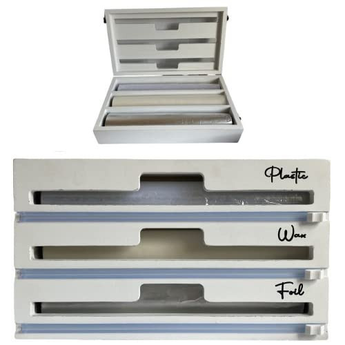 DECORIO Distressed Foil and Plastic Wrap Organizer, 3 in 1 Plastic Wrap Dispenser with Cutter, Plastic Wrap, Aluminum Foil, Parchment, Wax Paper Dispenser for Drawer, 12" Rolls (Distressed White)