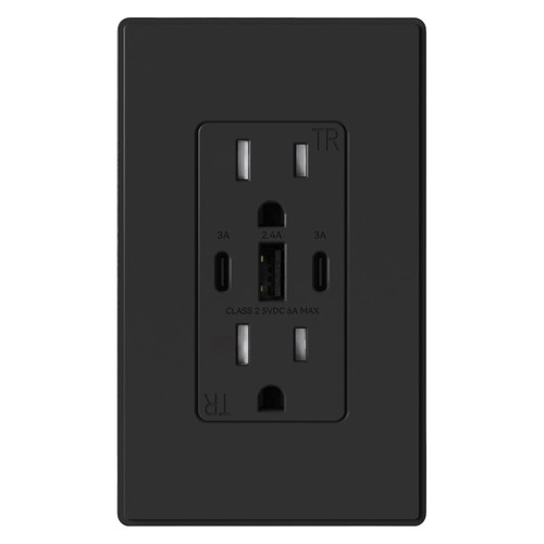 ELEGRP USB Outlets, 30W 6.0 Amp USB C Outlets Receptacles, 3-Port USB Wall Outlet, 15 Amp Tamper-Resistant Outlet with 2 USB C Ports, UL Listed, Screwless Wall Plate Included, 1 Pack, Matte Black