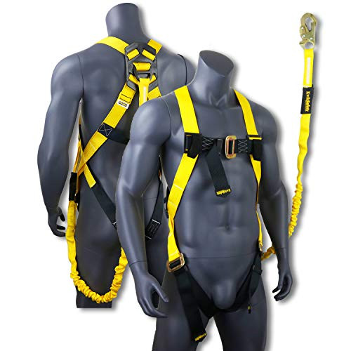 KwikSafety (Charlotte, NC) SCORPION Safety Harness w/attached 6ft. Tubular Lanyard on back | OSHA ANSI Fall Protection | INTERNAL Shock Absorbing Lanyard | Construction Carpenter Scaffolding