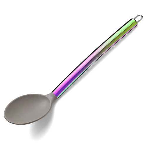 Rainbow Silicone Cooking Spoon, Silicone Head and Stainless Steel Titainium Rainbow Plating Handle Spoon, Serving Spoon, Basting Spoon, Spoon For Cooking, Kitchen Serving Spoon, Dishwasher Safe