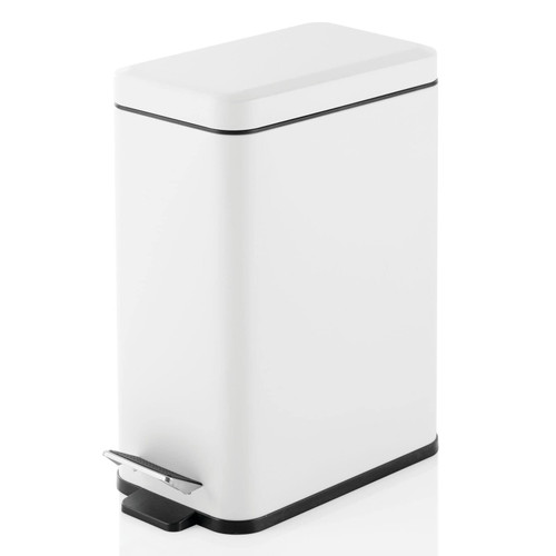 mDesign Slim Metal Rectangle 2.6 Gallon Trash Can with Step Pedal, Easy-Close Lid, Removable Liner - Narrow Wastebasket Garbage Container Bin for Bathroom, Bedroom, Kitchen, Office - White