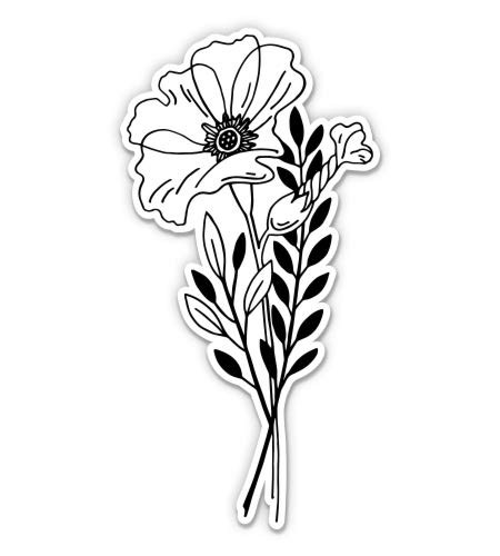 GT Graphics Express Pretty Poppy Flower Drawing Black and White - 5" Vinyl Sticker - for Car Laptop I-Pad - Waterproof Decal