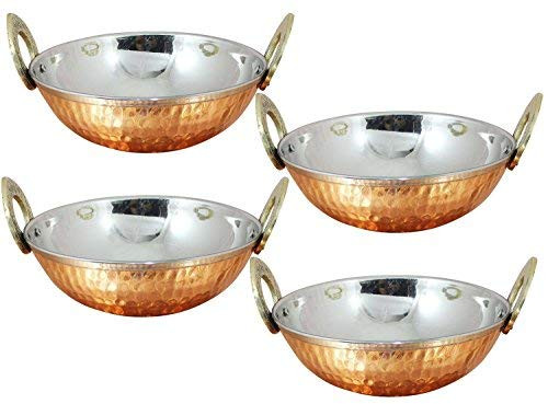 Avs Stores Set of 4, Indian Copper Serveware Karahi Vegetable Dinner Bowl with Solid Brass Handle for Indian Food, Diameter- 13 Cm (5.2 Inches) Avs Stores Set of 4, Indian Copper Serveware Karahi Vegetable Dinner Bowl with Solid Brass Handle for Indian Food, Diameter- 13 Cm (5.2 Inches)