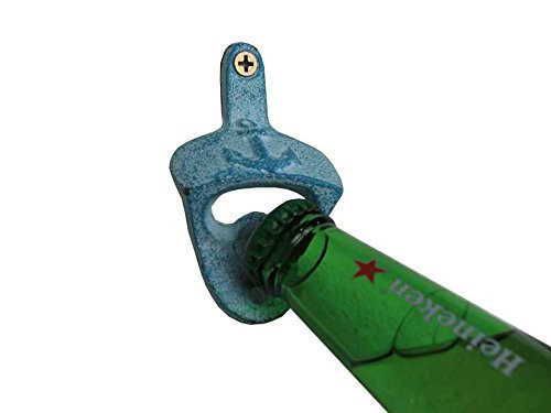 Hampton Nautical Cast Iron Wall Mounted Anchor Bottle Opener, 3", Light Blue Whitewashed