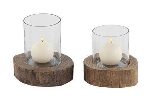 Deco 79 72942 Rustic Glass Candle Holders with Wooden Bases, 6" W x 7" H, Brown, Clear
