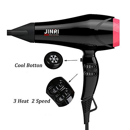 JINRI 1875W Hair Dryer,Ceramic Ionic Blow Dryer Professional Salon Hair Blow Dryer Lightweight Fast Drying Low Noise,with Concentrator,2 Speed and 3 Heat Settings,Black