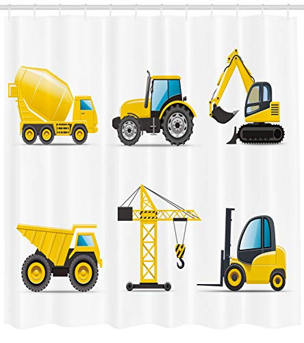 Lunarable Boy's Room Shower Curtain, Cartoon Style Heavy Machinery Truck Crane Digger Mixer Tractor Construction, Fabric Bathroom Decor Set with Hooks, 84 inches Extra Long, Yellow Grey
